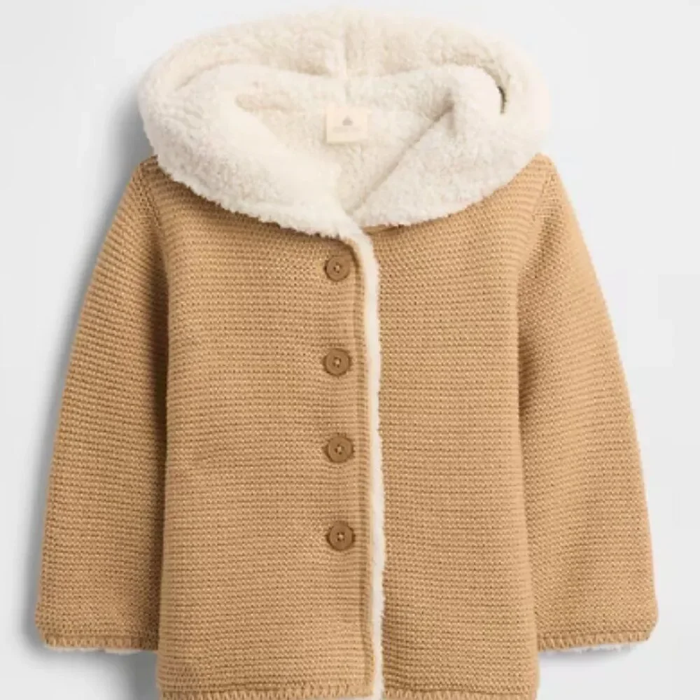 Gap Baby Sherpa Lined Hooded Sweater 100% Soft Cotton Knit Ear Appliques Tan
